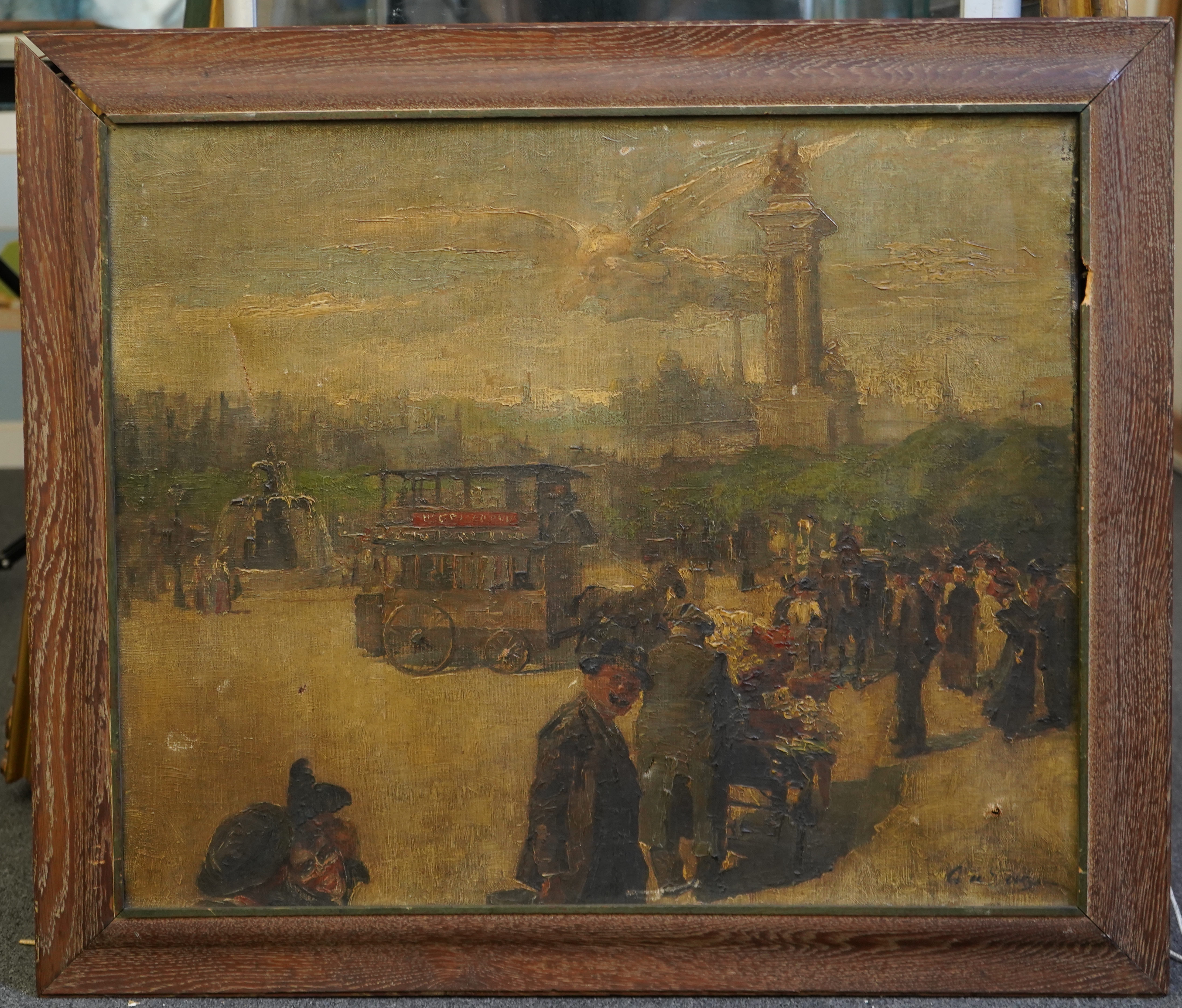 Impressionist School , Street scene with tram, fountain and triumphal arch, oil on canvas, 59 x 72cm